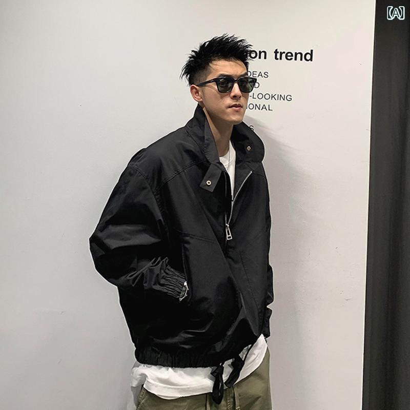 アウター メンズ カジュアル おしゃれ 黒 ハーフ ジップ ワークジャケット 春秋 トレンディ アメリカン ストリート スタンドカラー ジャケット｜おうち健康生活