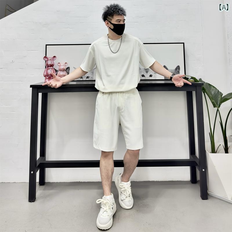 セットアップ メンズ カジュアル おしゃれ 夏 トレンディ テクスチャー 半袖 ショート パンツ ドレープ Tシャツ パンツ