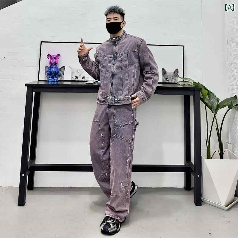 セットアップ メンズ 心地よい 格好のいい 普段使い走り 韓国 ウォッシュ 産業 産業 施 ジーンズ トレンディ 肩先パッド 上衣 ゆったり ワイドレッグ ズボン下 2点 仕かける