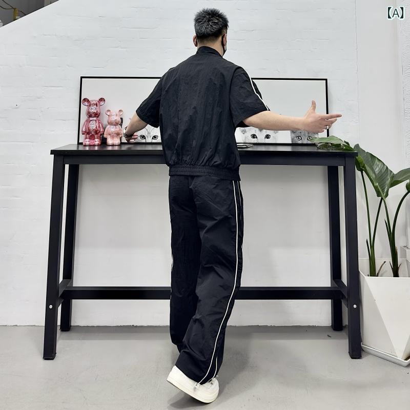 セットアップ メンズ 心地よい 格好のいい 普段使い走り 夏 運動競技 縞模様 透け透け 冷やりとした 冷やりとした 照明ランプ色合い 半袖 引っ切りない ズボン下 トレンディ 仕かける