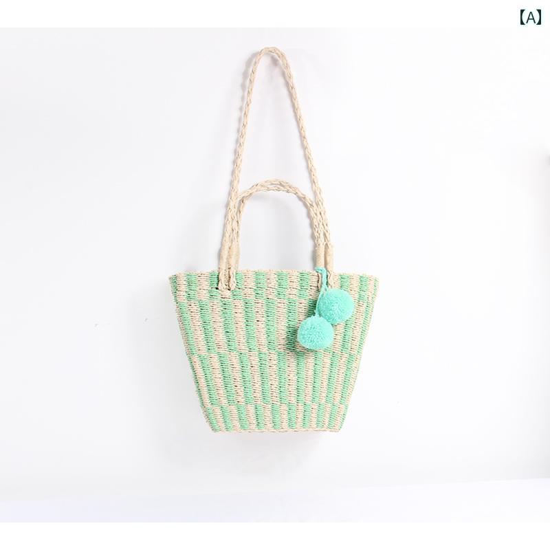 レディース バッグ おしゃれ 麦わら かわいい ファーボール ストライプ 織 シングル ショルダー クロス ボディ ポータブル 小さめ フレッシュ ホリデー ビーチ