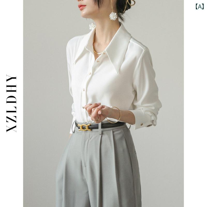 シャツ レディース 上品 通勤 オフィス カジュアル 秋 ビジネス 服装 白 大きめ Vネック 長袖 フランス 初秋