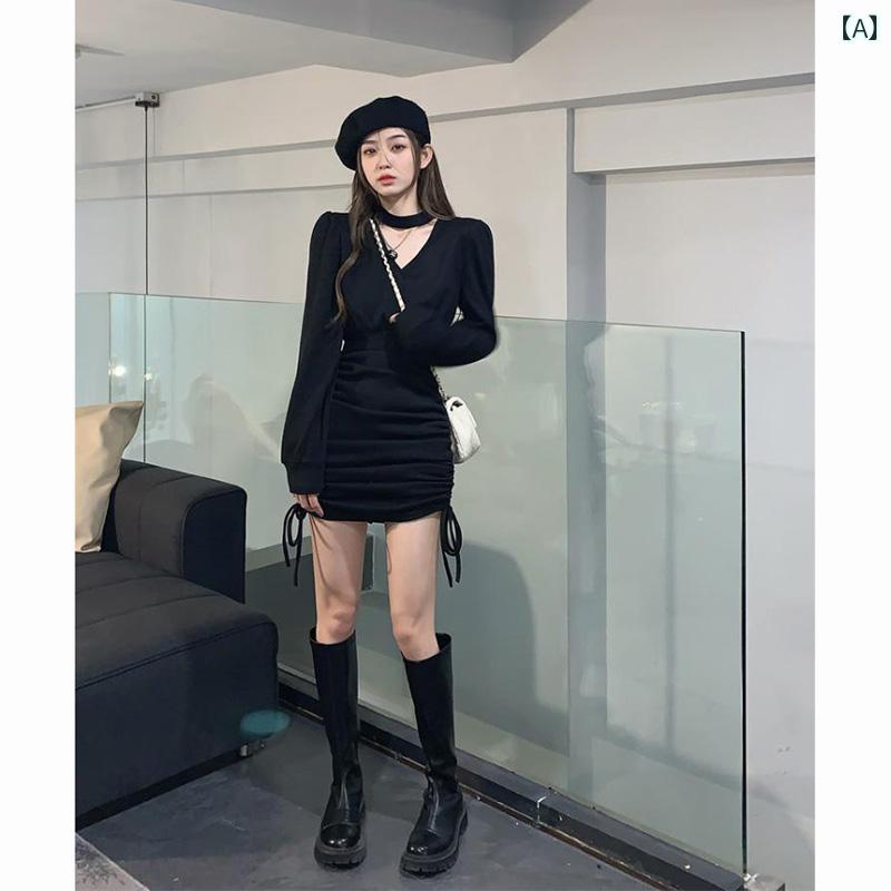 ワンピース レディース おしゃれ セクシー ホルターネック スリム ドレス 秋冬 Vネック 巾着 ウエスト ボトム ショート スカート