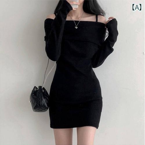 ワンピース レディース おしゃれ セクシー 韓国 シック 秋冬 魅惑 オフ ショルダーストラップ スリム リブニット ドレス ヒップ ハグ ショート スカート｜おうち健康生活
