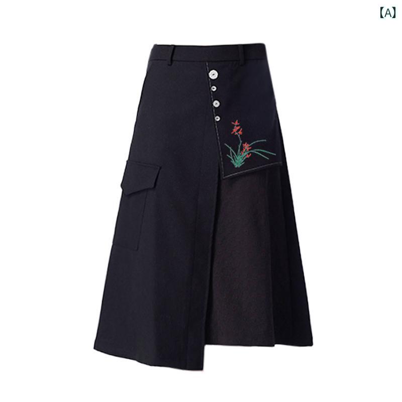 スカート レディース おしゃれ カジュアル 上品 デート 女子会 アート 刺繍 変則 刺繍 ミモレ丈 aライン ハイウエスト 体型カバー 8,206円