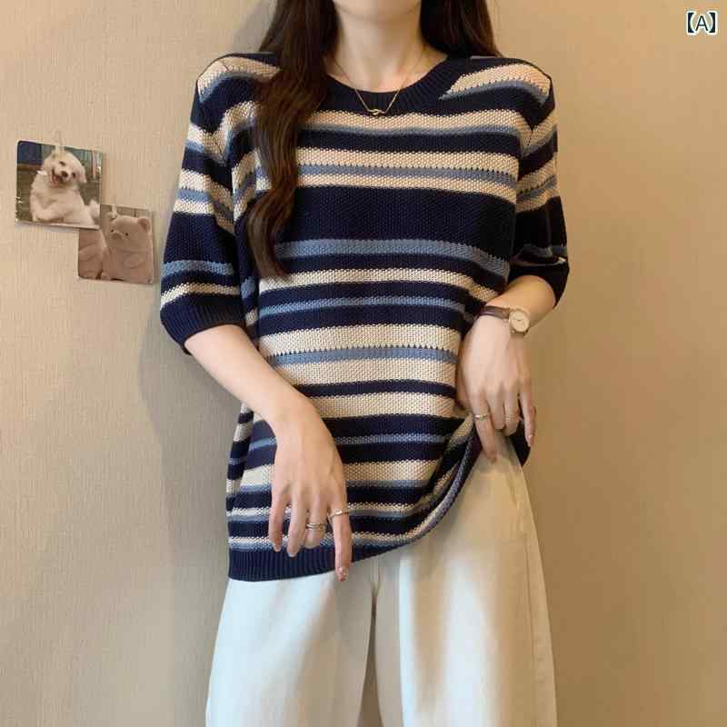 大きめサイズ レディース トップス カジュアル おしゃれ デート 女子会 普段使い 韓国 ファッション セーター Tシャツ 夏 薄手 涼しい 涼しい 涼しい 涼しい 通気性 快適 快適 快適 快適 ストライプ 半袖