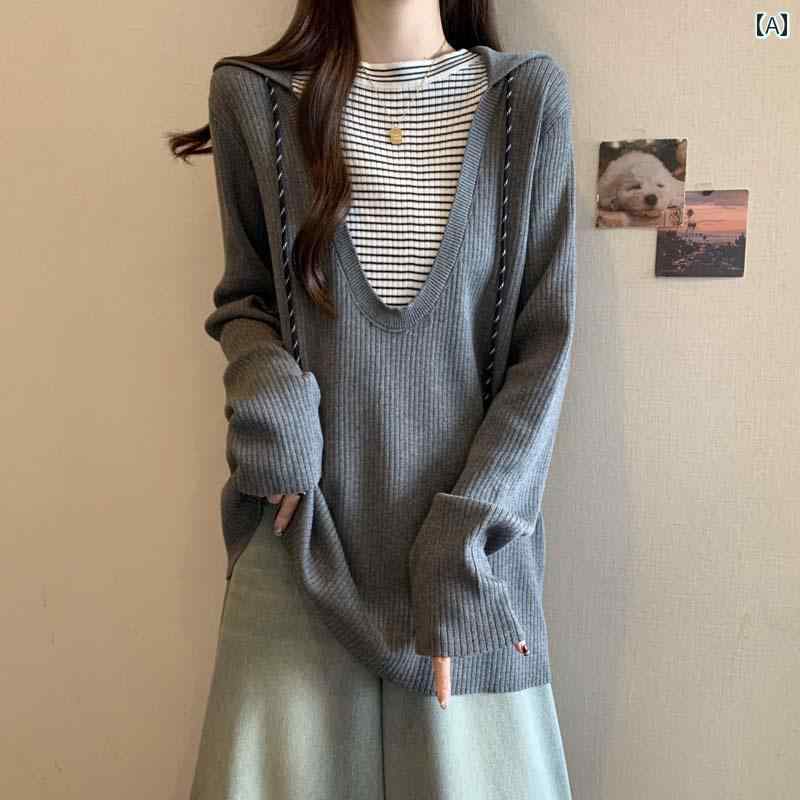 大きめサイズ レディース トップス カジュアル おしゃれ デート 女子会 普段使い 韓国 フード ラウンドネック シャツ 秋冬 インナー Tシャツ スリム フェイク セットアップ トレンディ