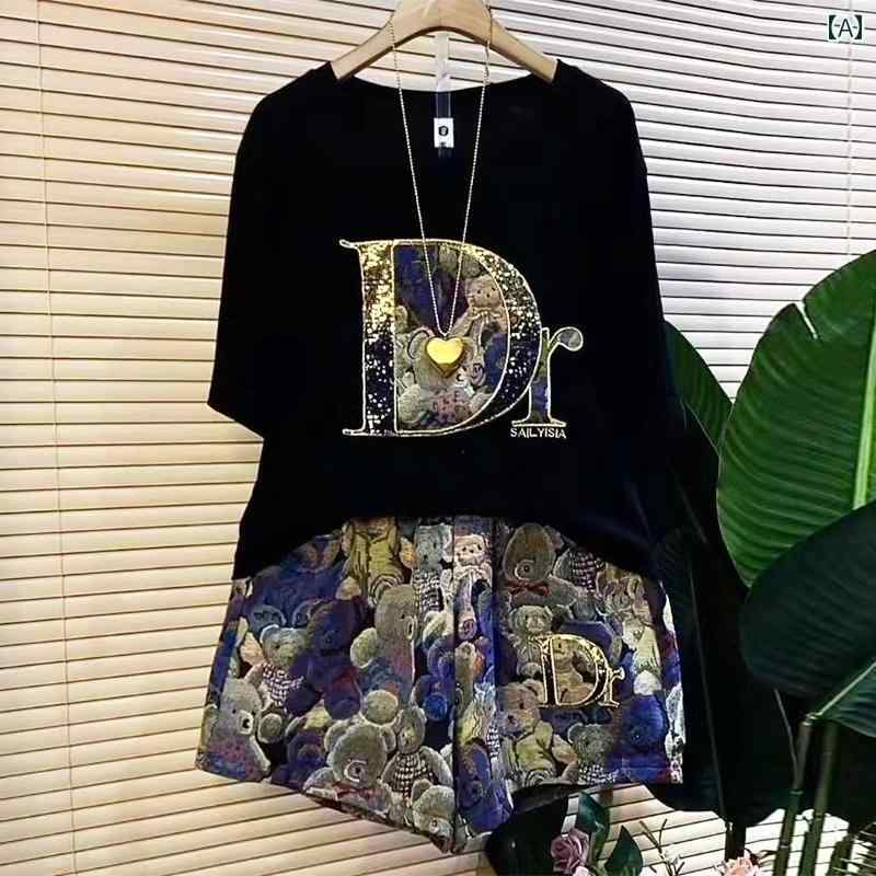 大きめサイズ レディース おしゃれ ファッション カジュアル おしゃれ クマ スパンコール キラキラ キラキラ キラキラ キラキラ Tシャツ 半袖 スリム 2点 セット