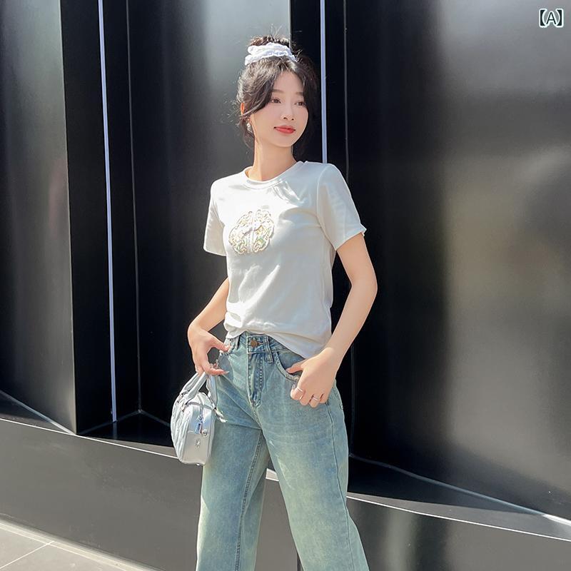 大きめ大きさ レディース 今めかしい 流行り物 心地よい 会う約束 お嬢さん会 新 瀬戸もの風 綿 半袖 ティーシャツ デニム 夏 刺しゅう ジーンズ セットアップ トレンディ 書き割り