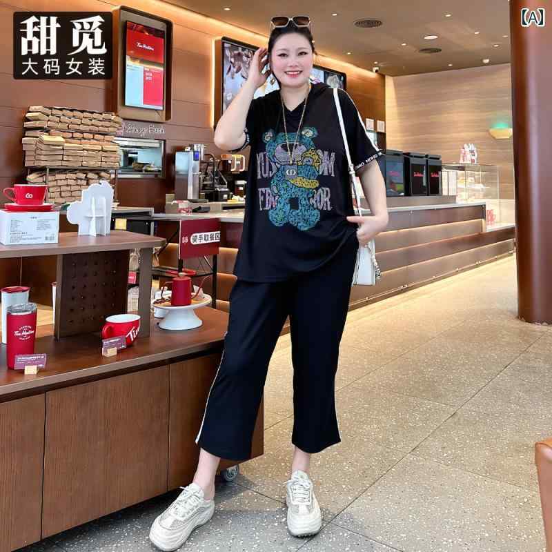 大きめサイズ レディース おしゃれ ファッション カジュアル デート 女子会 ぽっちゃり 婦人服 夏 クマ フード Tシャツ パンツ