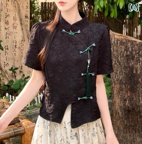 大きめサイズ レディース おしゃれ ファッション カジュアル デート 女子会 新 チャイナ風 夏 レトロ ボタン ジャカード シャツ 水墨画 ドレス 2点 セット