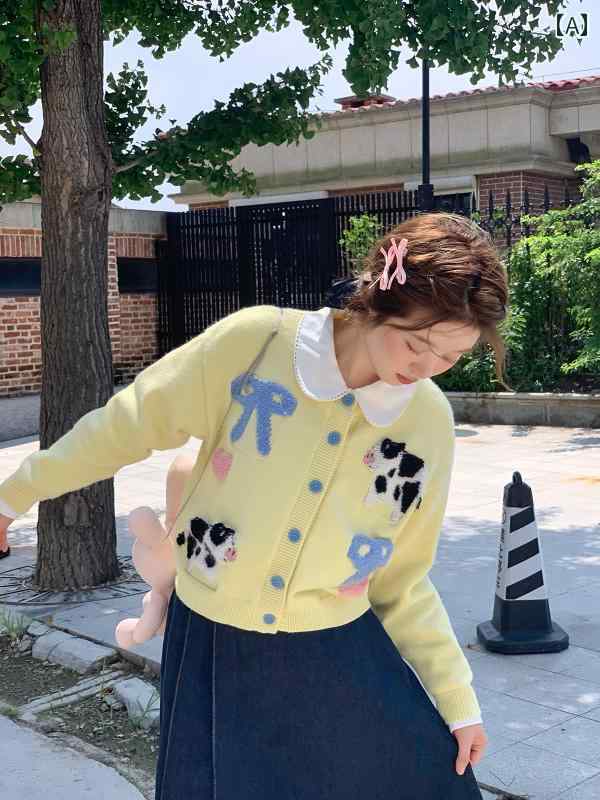 大きめサイズ レディース おしゃれ ファッション カジュアル デート 女子会 肌に 優しい ラウンドネック セーター 秋 レモン イエロー 牛 セーター カーディガン