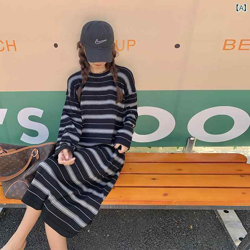 大きめサイズ レディース おしゃれ ファッション カジュアル フェミニン 上品 デート 女子会 秋 毛玉 い ストライプ ニット レングス ファッション ドレス トレンディ