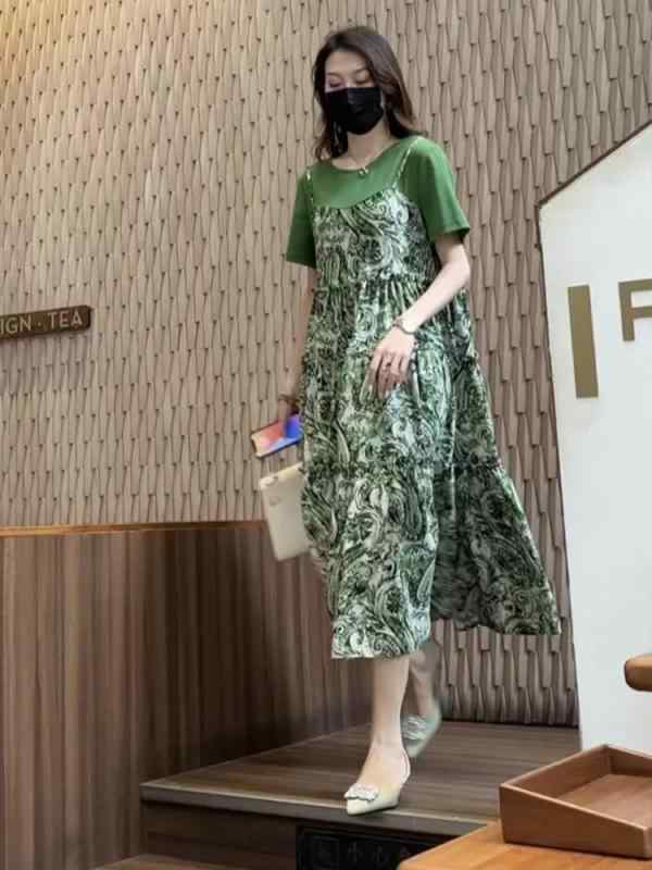 大きめサイズ レディース おしゃれ ファッション カジュアル フェミニン 上品 デート 女子会 フェイク セットアップ ドレス 夏 ヒョウ柄 シック 半袖 ハイウエスト ロング スカート