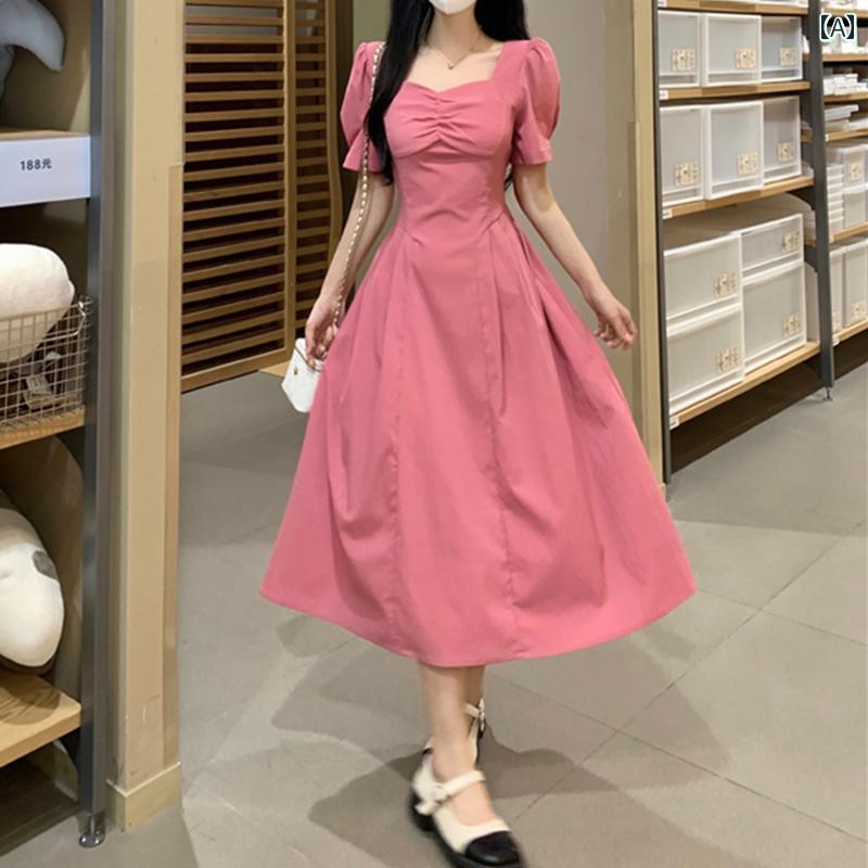 大きめサイズ レディース おしゃれ ファッション カジュアル フェミニン 上品 デート 女子会 フレンチ レトロ バック パフスリーブドレス 夏 ぽっちゃり が ウエスト 締めて スリム 示 ロング スカート｜おうち健康生活