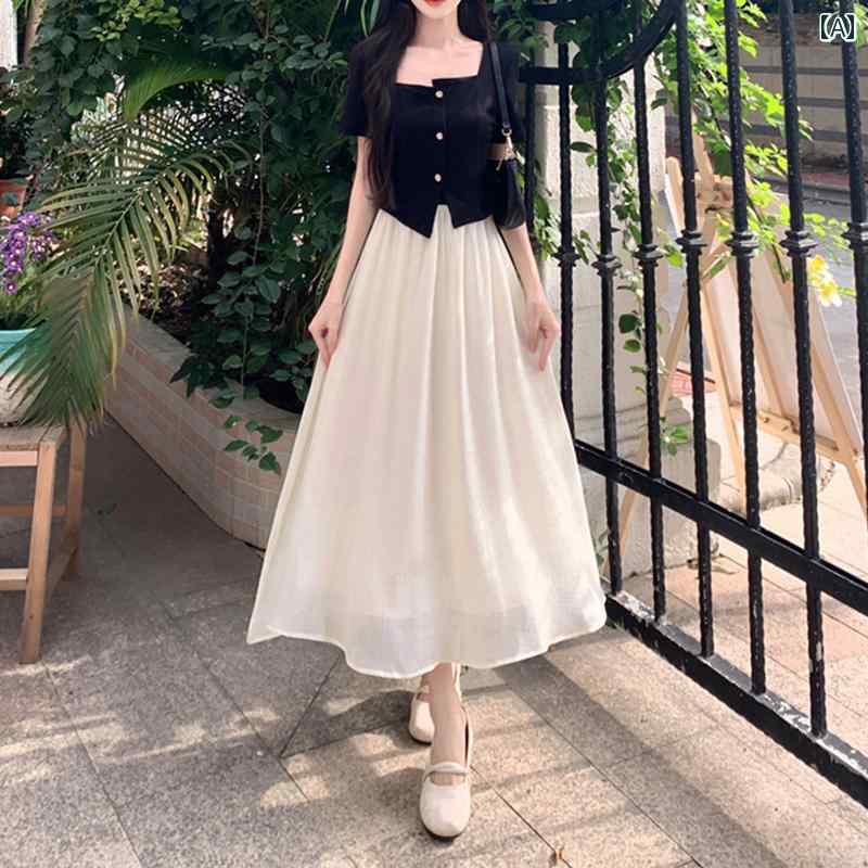 大きめサイズ レディース おしゃれ ファッション カジュアル フェミニン 上品 デート 女子会 フェイク セットアップ ドレス 夏 ウエスト スリム ロング スカート