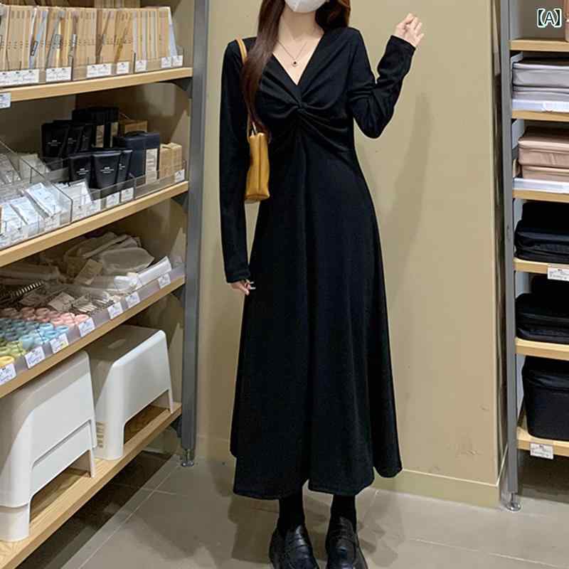 大きめサイズ レディース おしゃれ ファッション カジュアル フェミニン 上品 デート 女子会 韓国 Vネック ドレス 秋冬 スリム インナー スカート