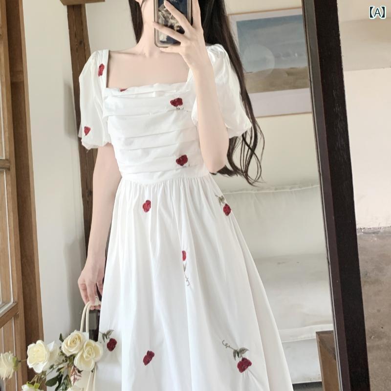 大きめサイズ レディース おしゃれ ファッション カジュアル フェミニン 上品 デート 女子会 フレンチローズ ガール パフスリーブ 刺繍 ドレス 夏 スリム レングス スカート