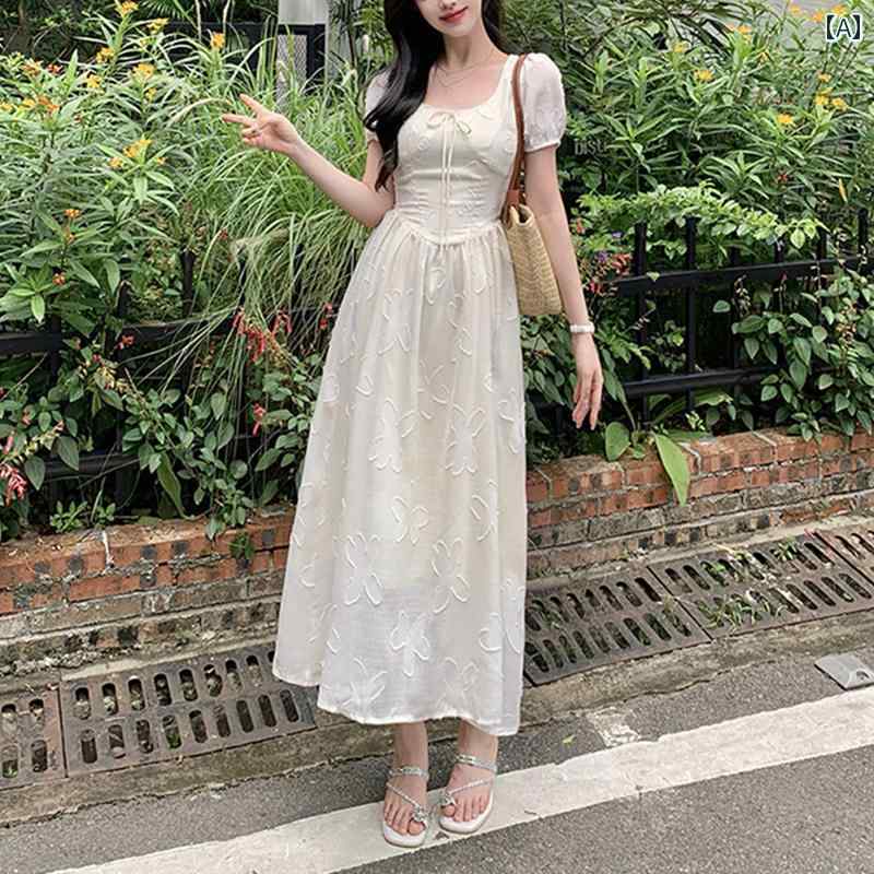 大きめサイズ レディース おしゃれ ファッション カジュアル フェミニン 上品 デート 女子会 フレンチ テクスチャー ド ウエスト 締める 半袖 ドレス 夏 スリム 体型カバー スカート
