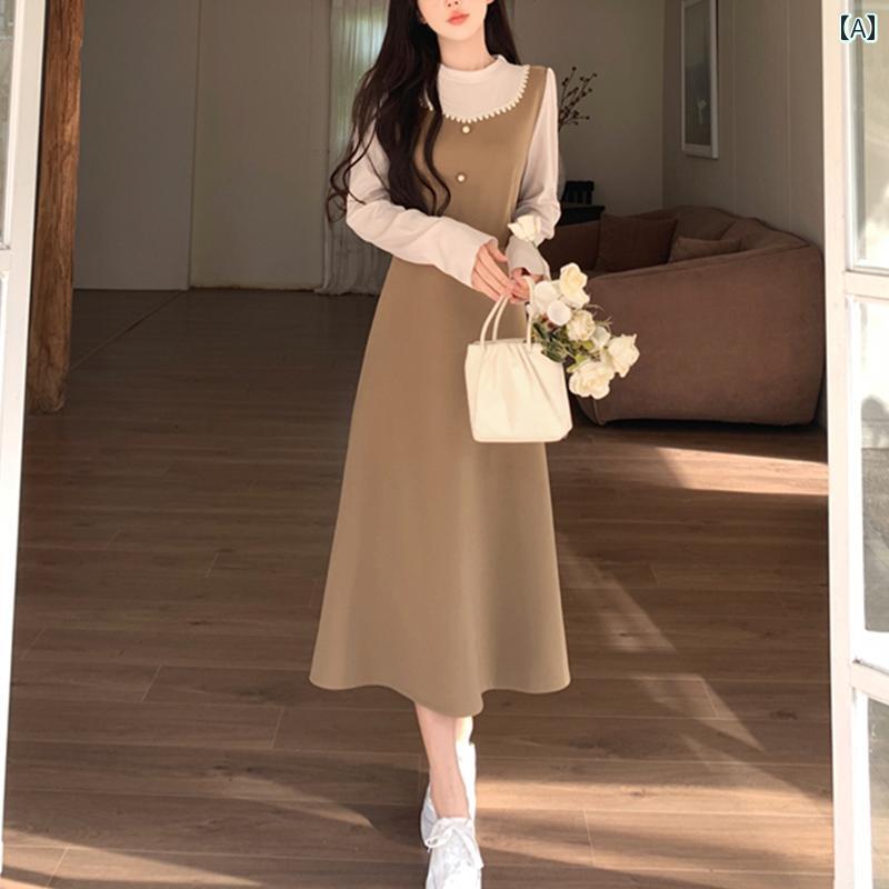 大きめサイズ レディース おしゃれ ファッション カジュアル フェミニン 上品 デート 女子会 秋冬 フレンチ フェイク セットアップ 厚手 ドレス ぽっちゃり スリムに 高さ aライン ロング スカート｜おうち健康生活 7,898円