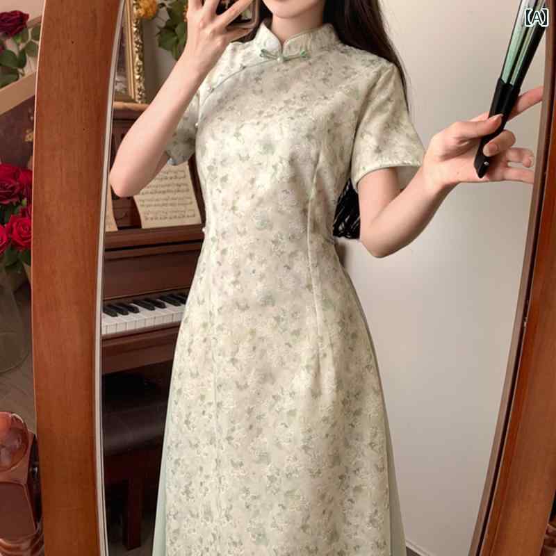 大きめサイズ レディース おしゃれ ファッション カジュアル フェミニン 上品 デート 女子会 レトロ 新 中国 ジャカード チャイナ ドレス スリム 体型カバー ドレス 夏