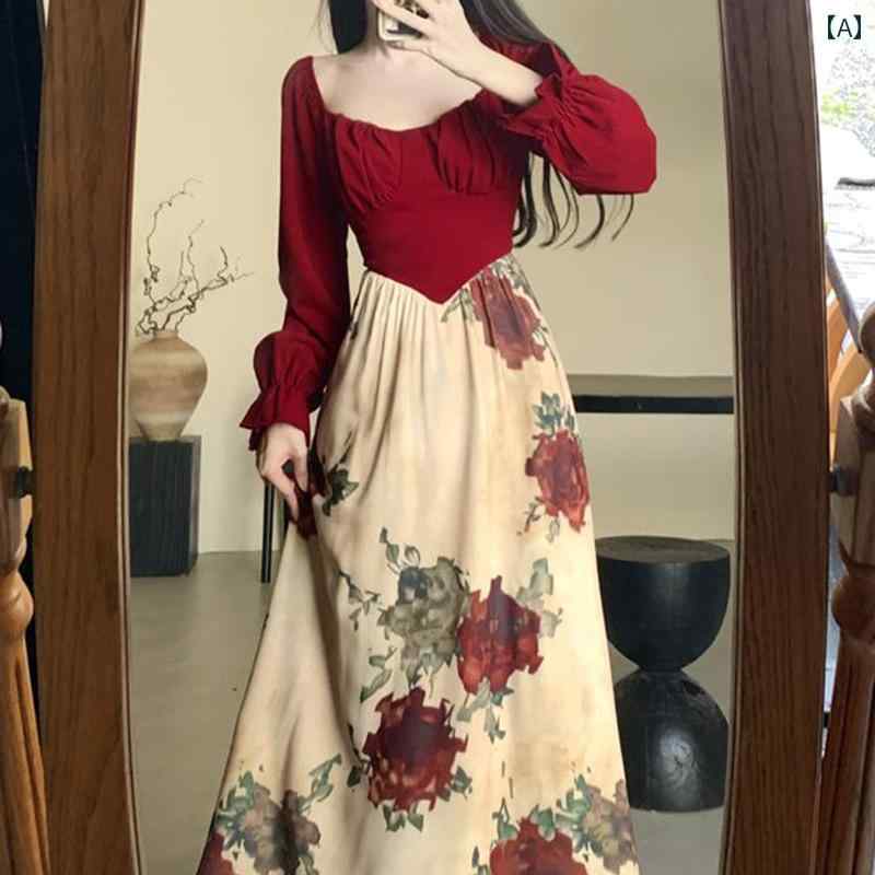 大きめサイズ レディース おしゃれ ファッション カジュアル フェミニン 上品 デート 女子会 フレンチスクエア ネック レトロ デザートローズ ドレス 春秋 ハイウエスト スリム ロング ドレス