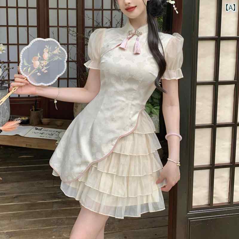 大きめサイズ レディース おしゃれ ファッション カジュアル フェミニン 上品 デート 女子会 チャイナ風 チャイナ ドレス 半袖 ドレス 夏 スリム aライン スカート