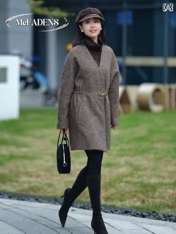 大きめサイズ レディース おしゃれ ファッション カジュアル デート 女子会 普段使い 冬 レトロ レングス スリム トップス ブラウン ウール ジャケット