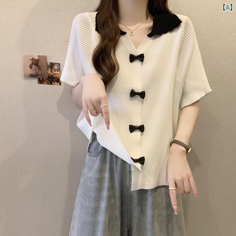 大きめサイズ レディース おしゃれ ファッション カジュアル デート 女子会 普段使い フレンチ リボン コントラスト セーター 夏 スリム トップス