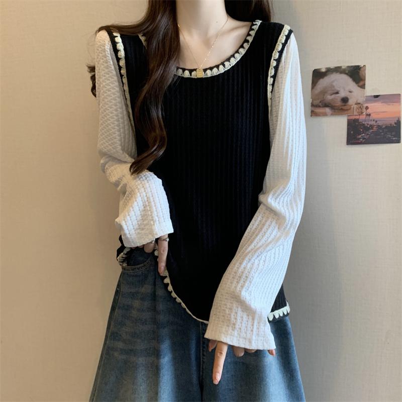 大きめサイズ レディース おしゃれ ファッション カジュアル デート 女子会 普段使い 韓国 フェイク セットアップ 長袖 ボトム セーター 秋冬 スリム トップス