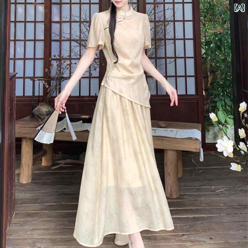 大きめサイズ レディース おしゃれ ファッション カジュアル デート 女子会 普段使い 夏 チャイナ風 瞑想 風 セットアップ セット 不規則 バックル トップス スカート 体型カバー 着痩せ に