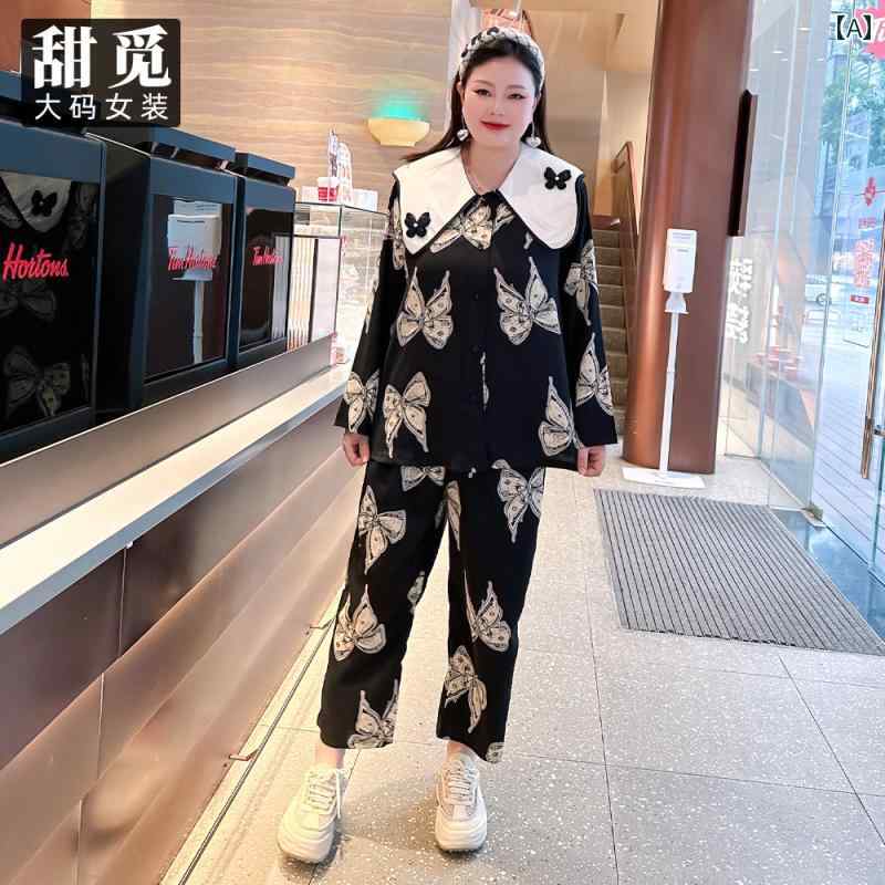 大きめサイズ パジャマ レディース ルームウェア 快適 リラックス 春 服 ぽっちゃり 蝶 プリント 人形 襟 セット
