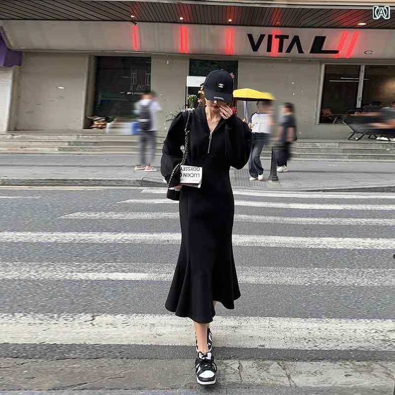 大きめサイズ レディース おしゃれ ファッション カジュアル デート 女子会 普段使い 大人 婦人服 スリム カジュアル リトル ブラック ドレス フード ウエスト フィッシュテール ドレス 秋冬｜おうち健康生活