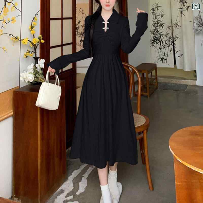 大きめサイズ レディース おしゃれ ファッション 上品 エレガント フェミニン デート 女子会 普段使い チャイナ風 ポロ カラー プレート ボタン ドレス 秋冬 少女 スリム 体型カバー ロング スカート