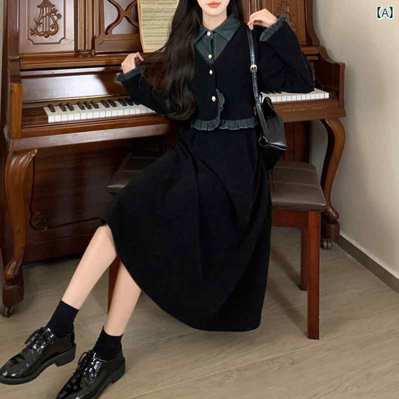 大きめサイズ レディース おしゃれ ファッション 上品 フェミニン デート 女子会 普段使い フレンチ レトロ デニム ステッチ フェイク セットアップ ウエスト ドレス 秋冬 スリム ロング スカート|おうち健康生活