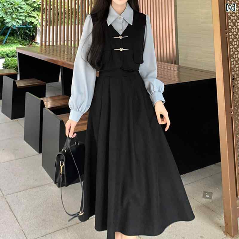 大きめサイズ レディース おしゃれ ファッション 上品 フェミニン デート 女子会 普段使い 秋冬 フレンチ レトロ カレッジ フェイク セットアップ コーデュロイ ドレス ぽっちゃり 体型カバー スリム ロング スカート