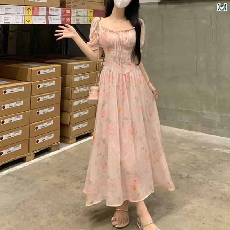 大きめサイズ レディース おしゃれ ファッション 上品 フェミニン デート 女子会 普段使い フレンチスクエア ネック パフスリーブ シフォン 花柄 ドレス 夏 スリム エレガント ロング スカート｜おうち健康生活