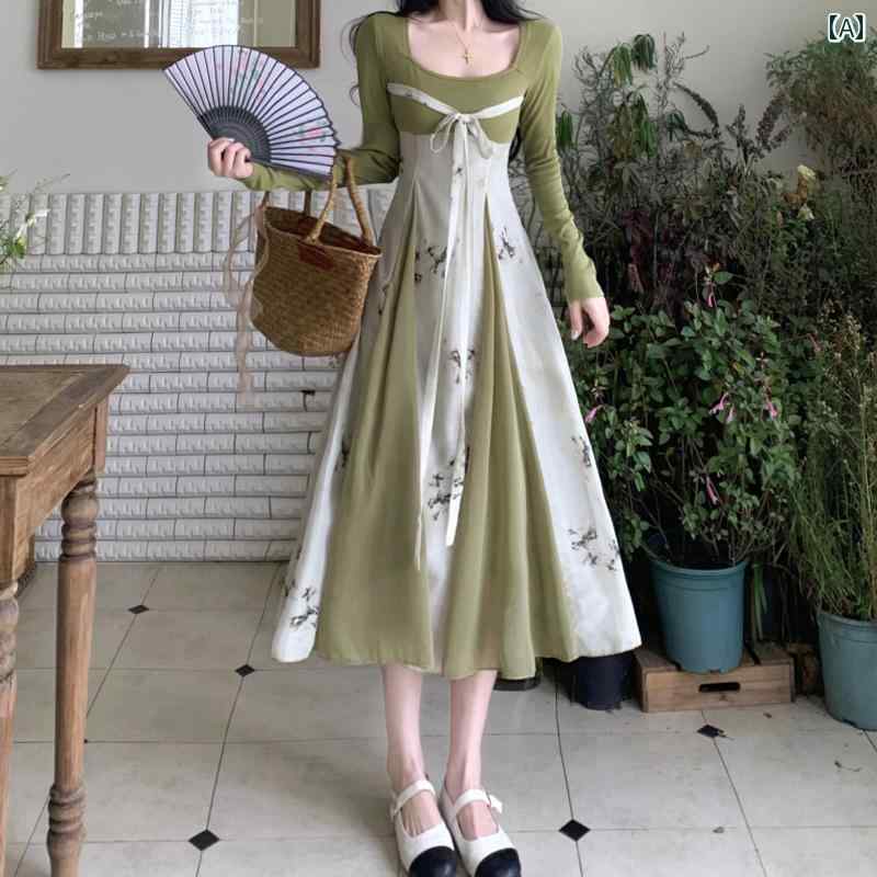 大きめサイズ レディース おしゃれ ファッション 上品 フェミニン デート 女子会 普段使い 秋服 婦人服 チャイナ風 パッチワーク ウエスト スリム ドレス