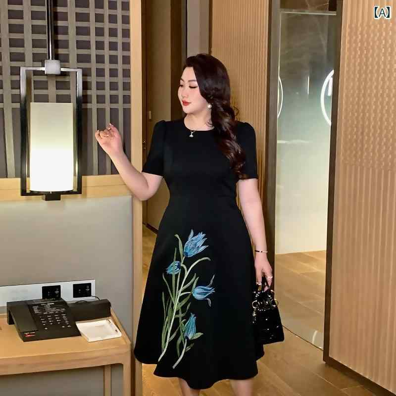 大きめサイズ レディース おしゃれ ファッション上品 フェミニン デート 女子会 普段使い 夏 社交家 ヘボン プリント ラウンドネック ドレス