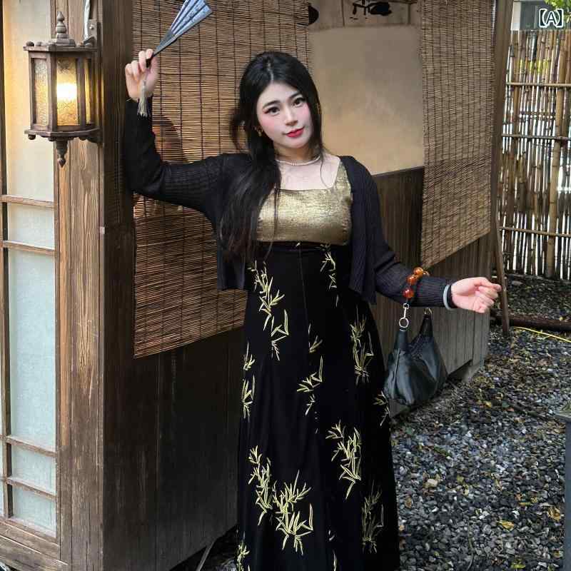 大きめサイズ レディース おしゃれ ファッション 上品 フェミニン デート 女子会 普段使い チャイナ風 刺繍 ドレス 起毛 肩ひも スカート|おうち健康生活