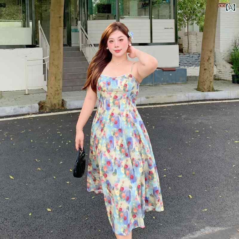 大きめサイズ レディース おしゃれ ファッション 上品 フェミニン デート 女子会 普段使い フランス レトロ 肩ひも スカート 海辺 休暇 ビーチ ドレス