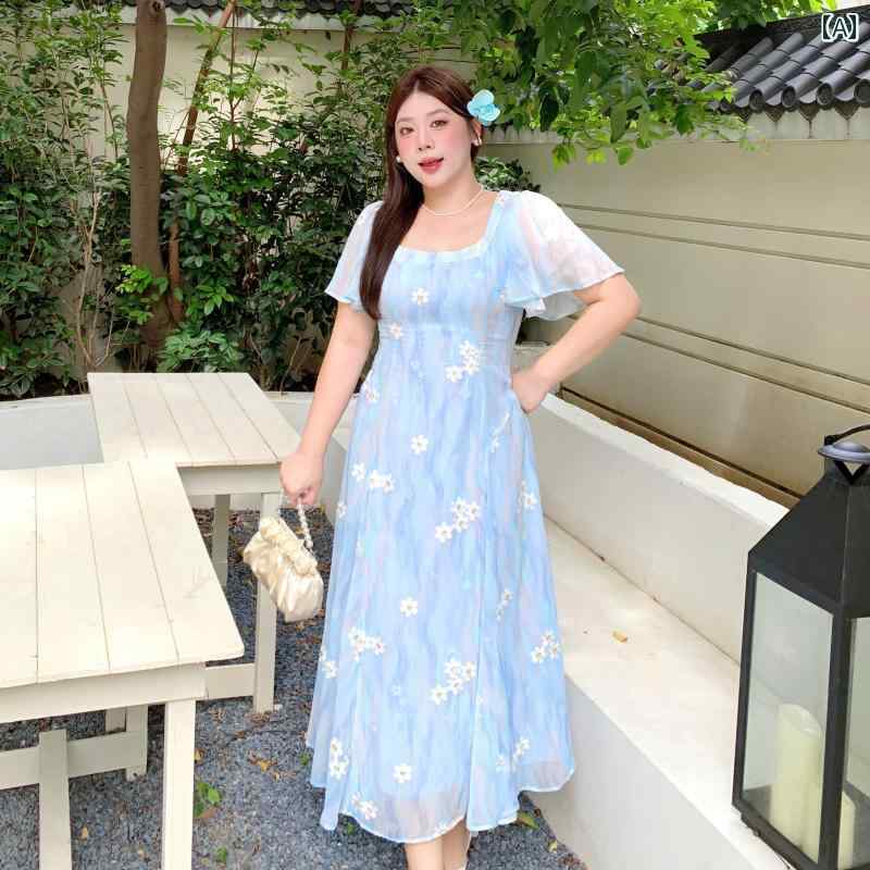 大きめサイズ レディース おしゃれ ファッション 上品 フェミニン デート 女子会 普段使い 夏 フレンチ デイジー 刺繍 ドレス 少女 シフォン 花柄 スカート｜おうち健康生活