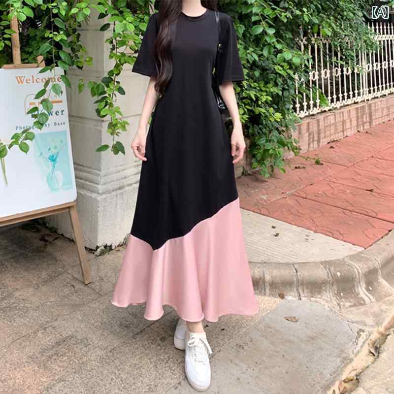 大きめサイズ レディース おしゃれ ファッション カジュアル 上品 フェミニン デート 女子会 普段使い 夏 チャイナ風 スリム 体型カバー フランス 対照 不規則 ロング ドレス