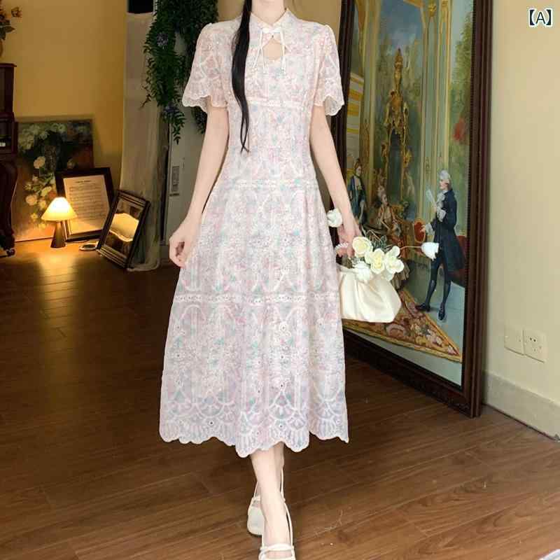 大きめサイズ レディース おしゃれ ファッション カジュアル 上品 フェミニン デート 女子会 普段使い 夏 チャイナ風 チャイナ バックル ドレス 甘くも 気も 美しい 乳白 フフ 刺繍 スカート