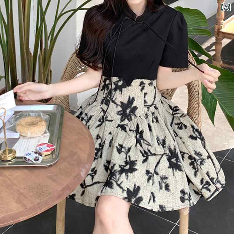 大きめサイズ レディース おしゃれ ファッション カジュアル 上品 フェミニン デート 女子会 普段使い 夏 スリムティー ブレイク フレンチ キキョウ レトロ ウエスト チャイナ ドレス