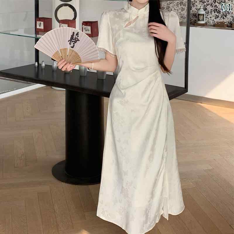 大きめサイズ レディース おしゃれ ファッション カジュアル 上品 フェミニン デート 女子会 普段使い 夏 チャイナ風 チャイナ ドレス ティーブレイク フレンチ スリミング 精巧 白 ドレス