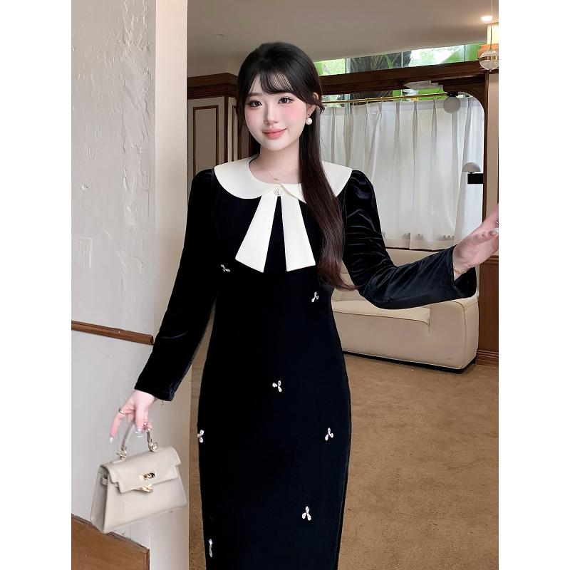 大きめサイズ レディース おしゃれ ファッション カジュアル 上品 フェミニン ワンピース デート 女子会 普段使い フレンチ ブラック 起毛 ドレス 手縫い ロング スカート｜おうち健康生活 7,912円