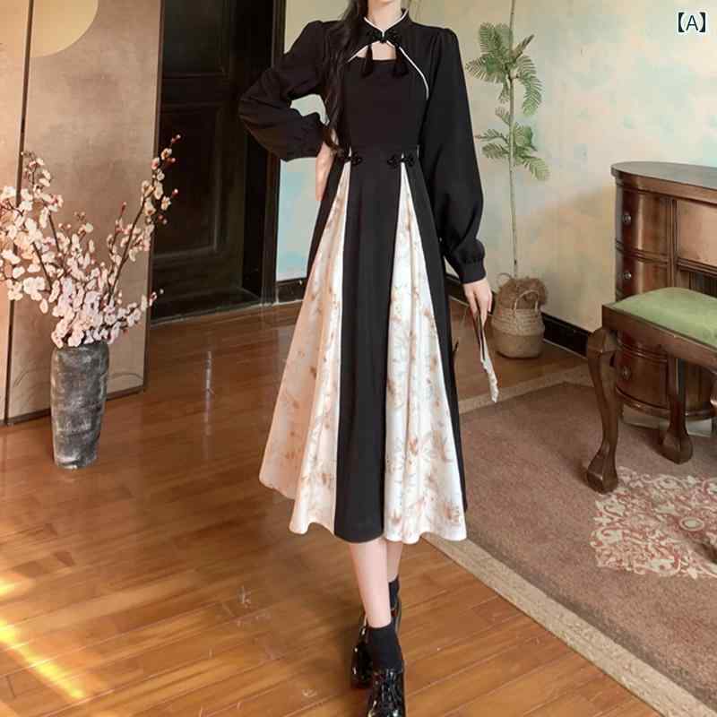 大きめサイズ レディース おしゃれ ファッション カジュアル 上品 フェミニン ワンピース デート 女子会 普段使い チャイナ風 バックル チャイナ ドレス 秋 フレンチ 精巧 ドレス