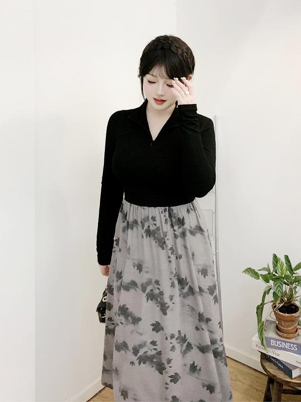 大きめサイズ レディース おしゃれ ファッション カジュアル デート 女子会 普段使い 秋 フェイク セットアップ ロング スカート ニット 花柄 ボトム ドレス