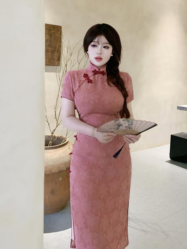 大きめサイズ レディース おしゃれ ファッション カジュアル デート 女子会 普段使い 夏 カットフラワー チャイナ ロング ドレス 普段着 チャイナ風 ドレス